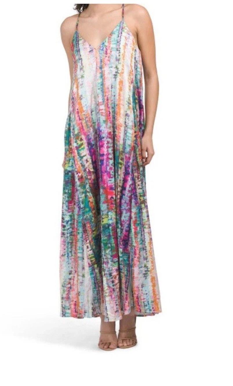 Nicole Miller Slip Dress Womens 2X Satin Watercolor Multicolor Party Guest Maxi
